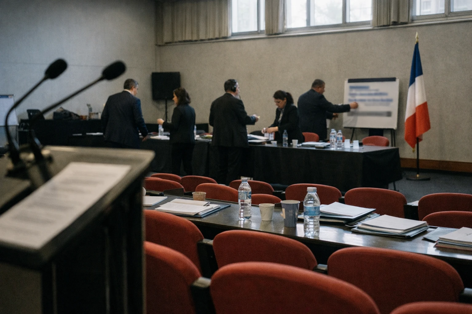 Salle de réunion politique avec pupitre, micros et drapeau tricolore discret, ambiance de conférence de presse en France.