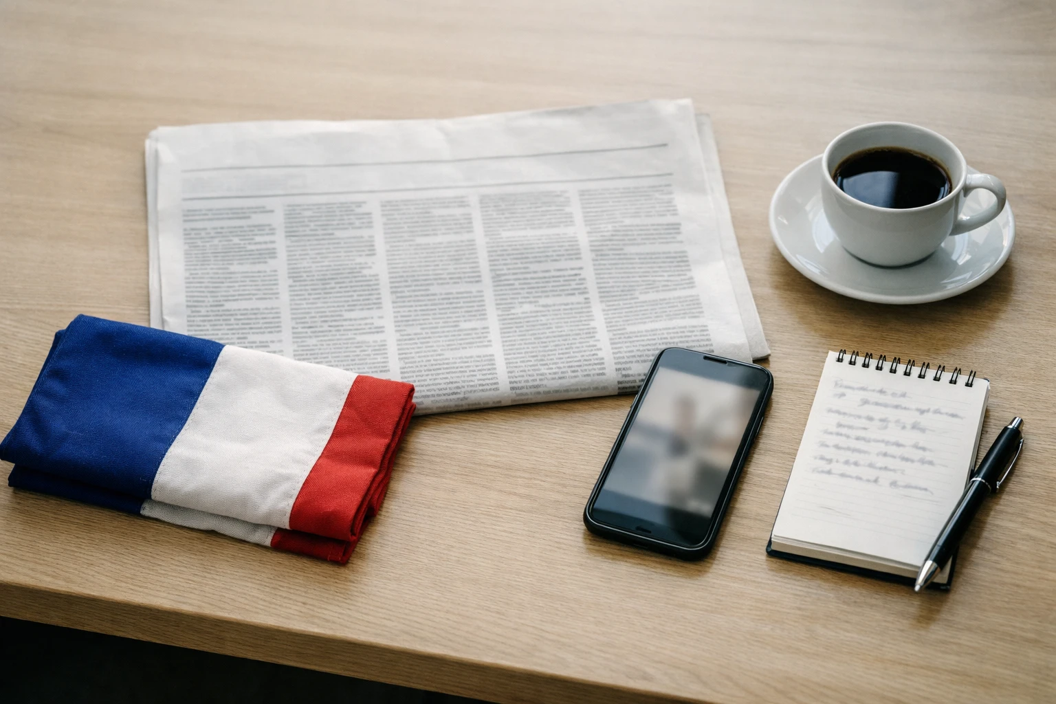Flat lay photojournalistic desk scene with a folded French tricolour flag, newspaper, smartphone and coffee cup