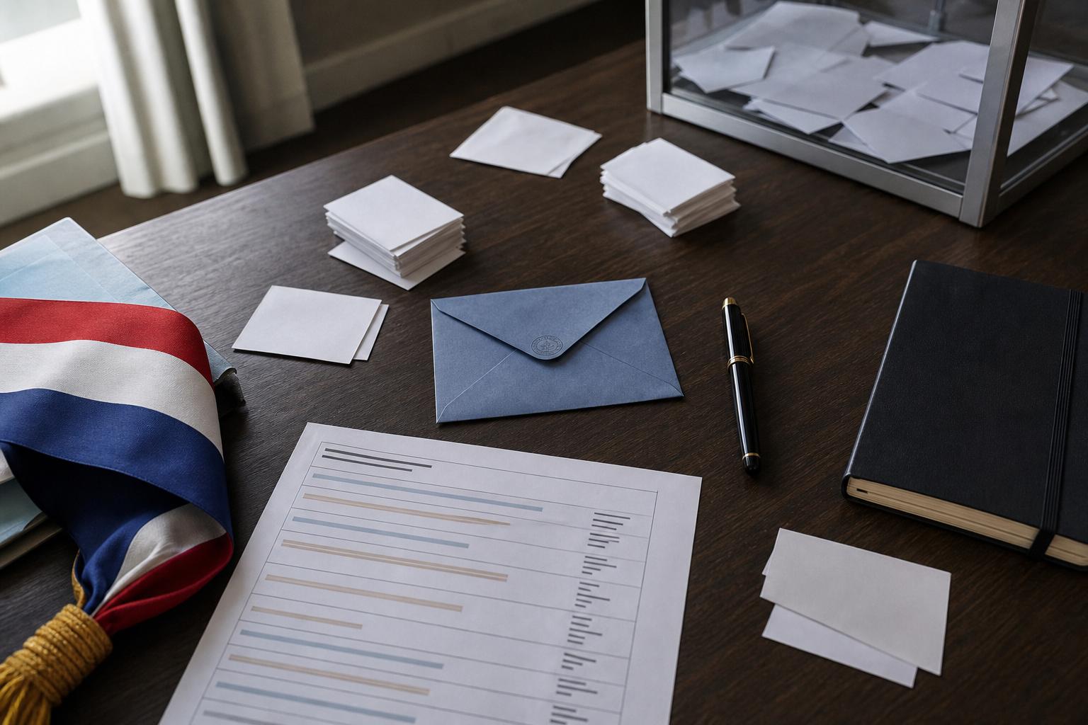 Bureau de briefing politique avec bulletins anonymes, enveloppe bleue, urne transparente et écharpe tricolore partielle sur fond neutre.