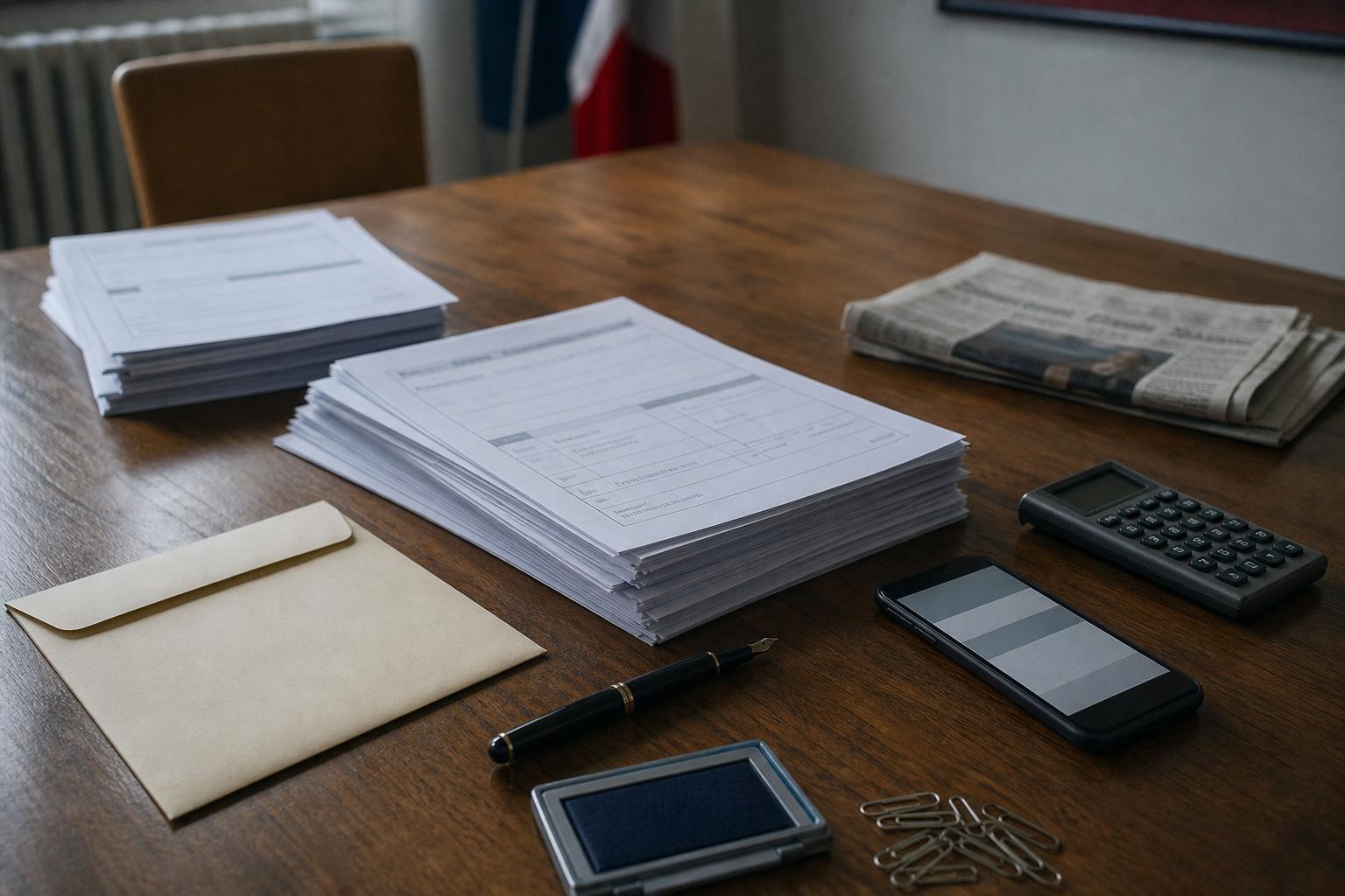 Flat lay photojournalistique d’un bureau de campagne français avec formulaires, enveloppe scellée, stylo et smartphone flouté.