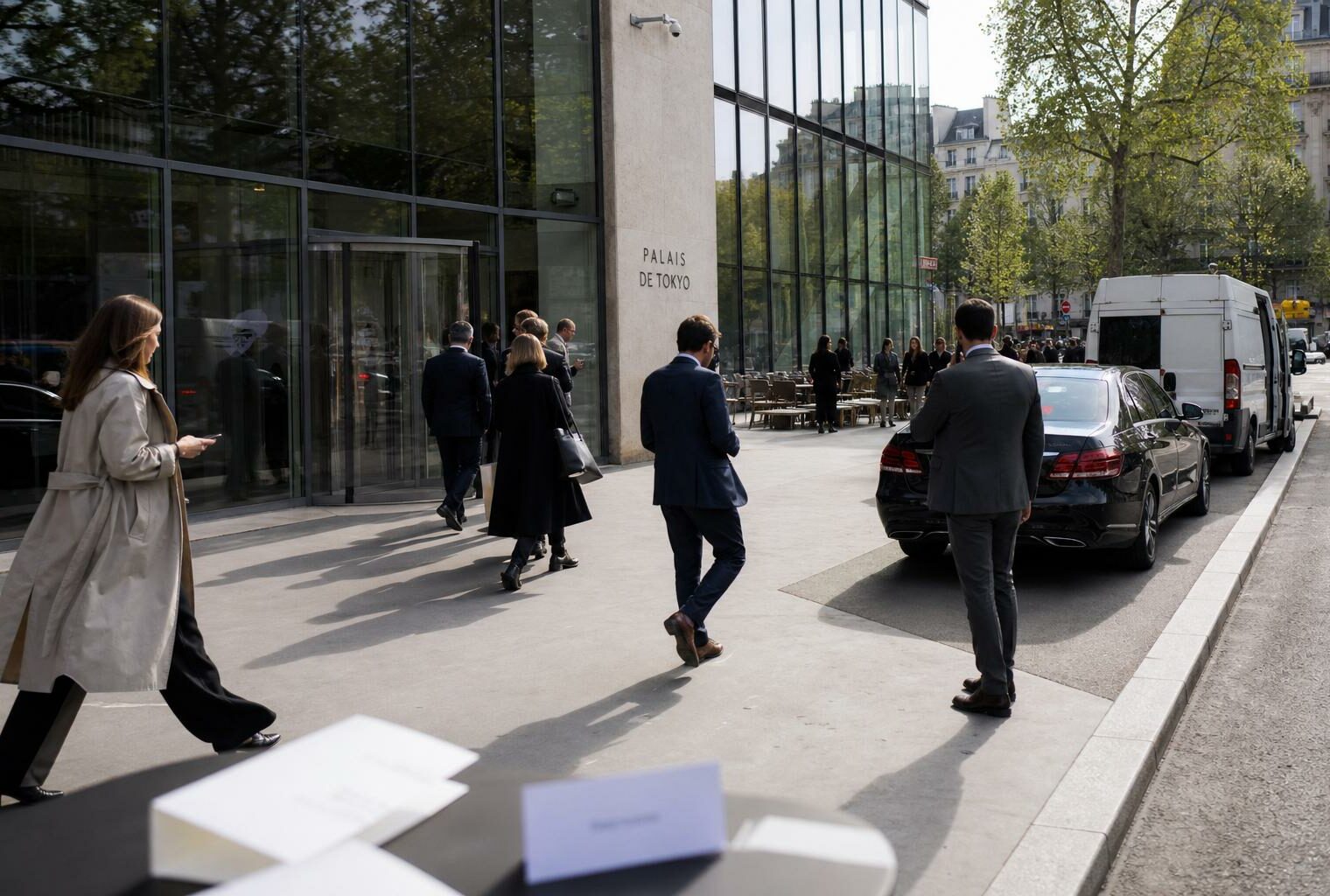 Des invités arrivent devant un immeuble parisien pour un déjeuner politique discret, dans une scène de rue claire et réaliste.