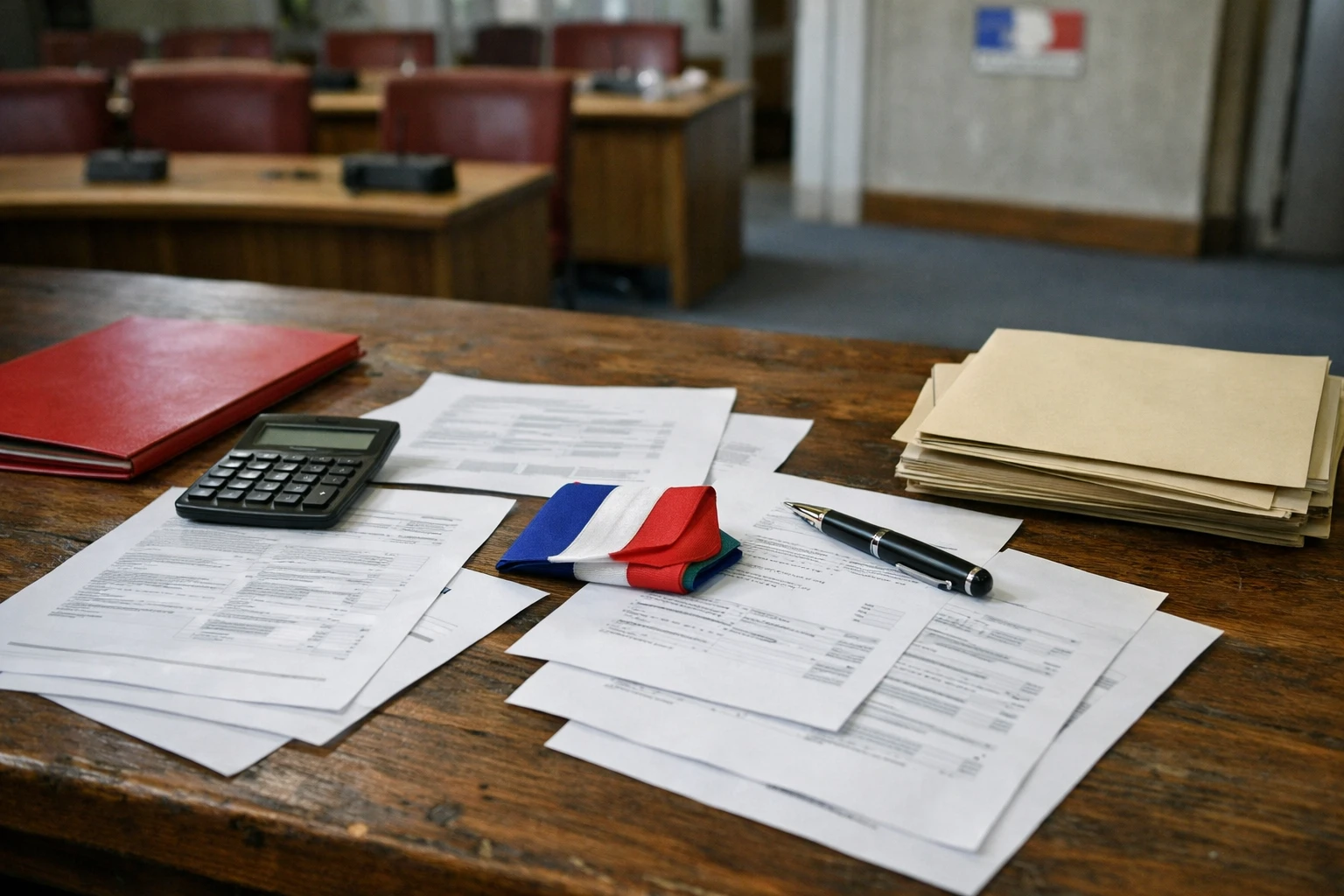 Bureau institutionnel avec documents budgétaires flous, calculatrice, dossier rouge et salle d’assemblée départementale en arrière-plan