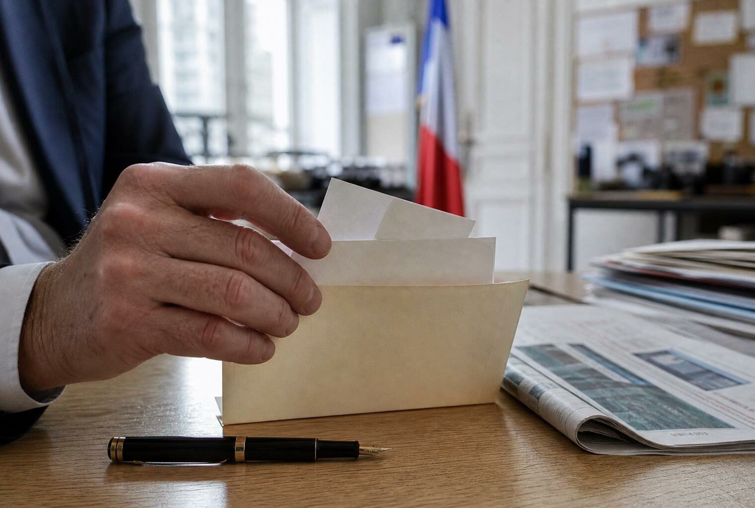 Mains en gros plan plaçant des bulletins vierges dans une enveloppe, sur une table claire dans un bureau de campagne parisien.