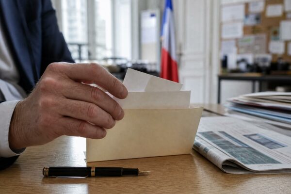 Mains en gros plan plaçant des bulletins vierges dans une enveloppe, sur une table claire dans un bureau de campagne parisien.