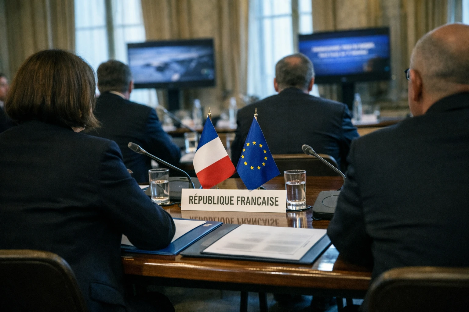 Réunion diplomatique à l’Élysée avec micros, drapeaux français et européens sur une table de conférence
