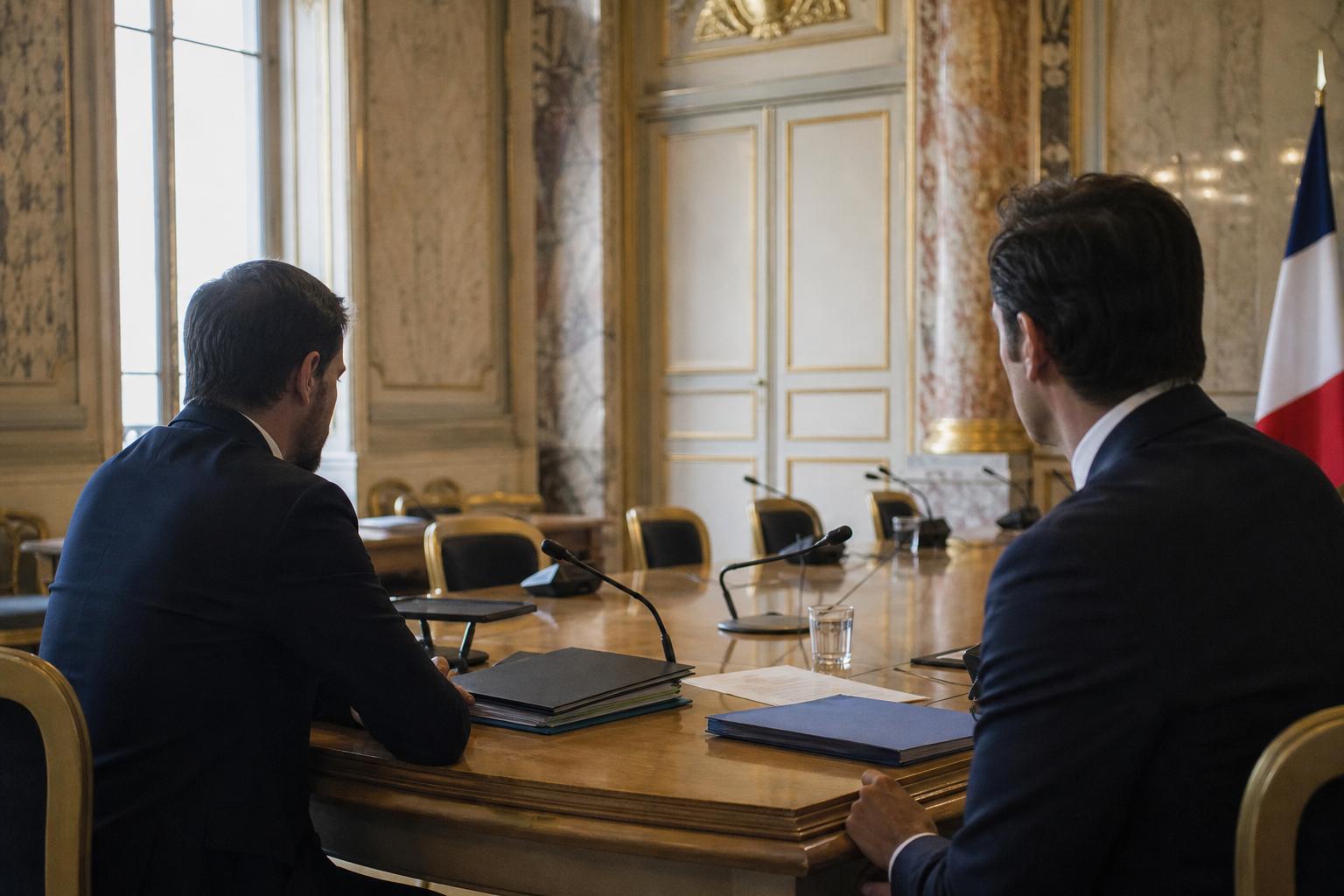 Réunion diplomatique bilatérale dans un salon ministériel français, avec deux silhouettes en costume et un drapeau tricolore discret.