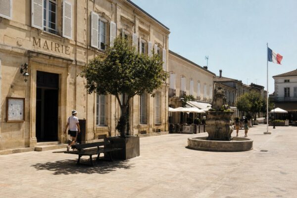 Façade d’une mairie française sous forte chaleur, avec place vide, ombres courtes et drapeau tricolore discret au loin.