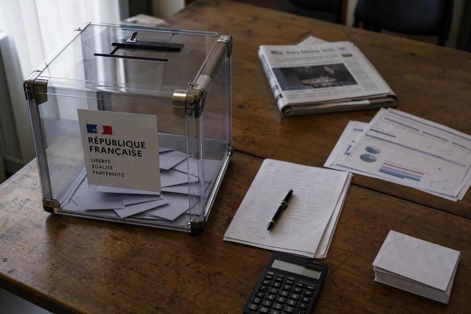 Flat lay photoréaliste d’un bureau de campagne présidentielle en France avec urne transparente, bulletins et documents flous.