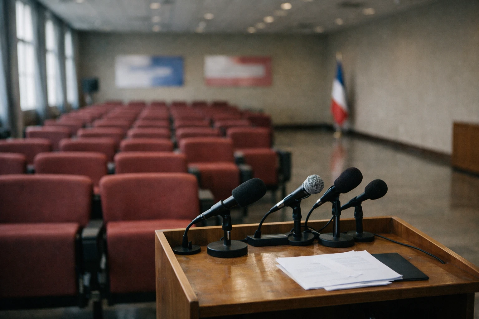Salle de presse vide avec pupitre, micros et drapeau tricolore discret pour illustrer la présidentielle 2027