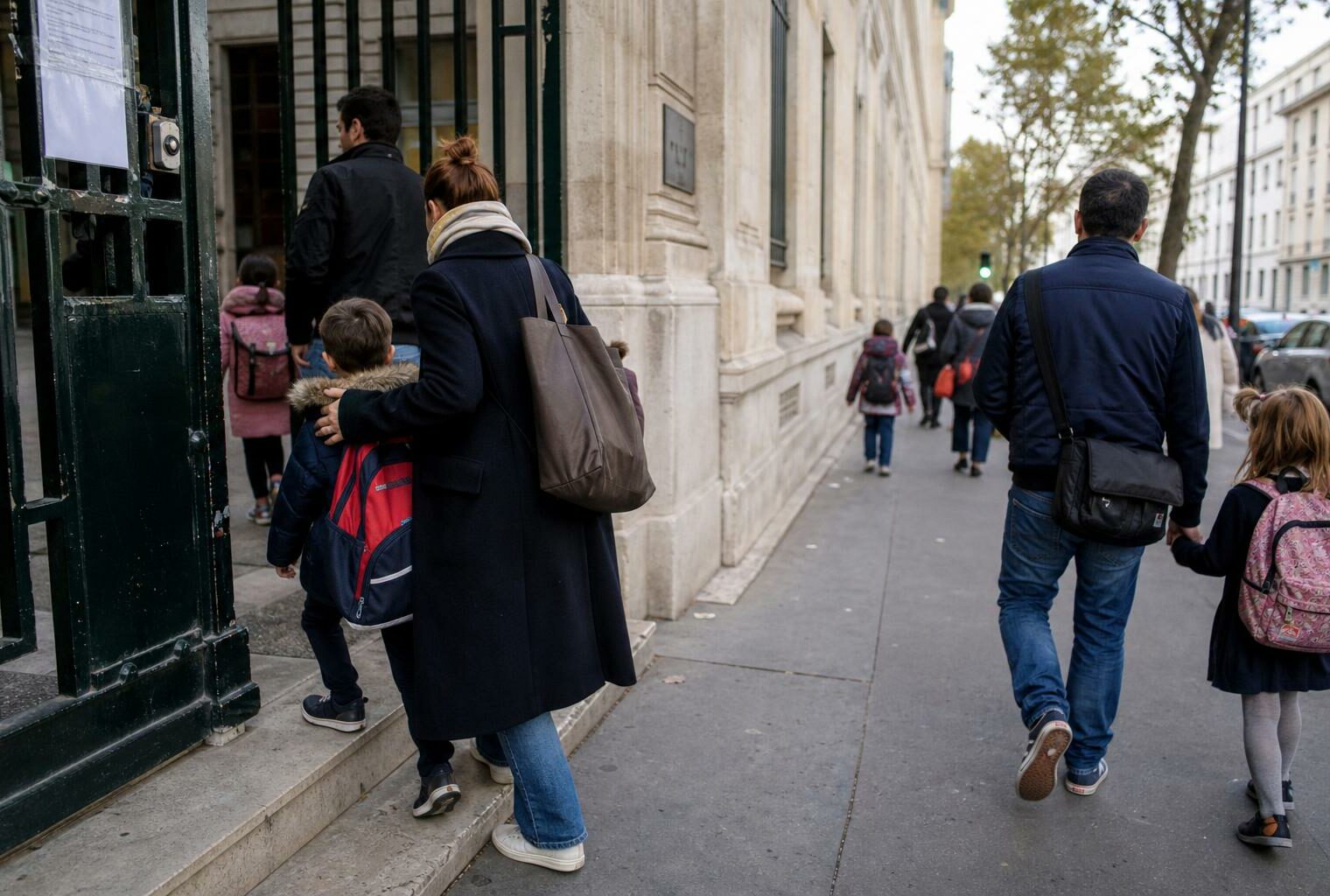 Parents et enfants à l’entrée d’une école publique parisienne, dans une scène de reportage claire et naturelle.