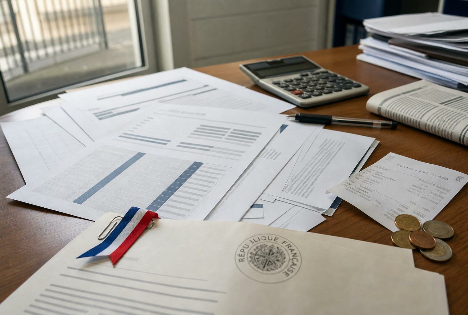 Vue plongeante d’un bureau de finances publiques avec budget, calculatrice, reçus de carburant et documents institutionnels français floutés