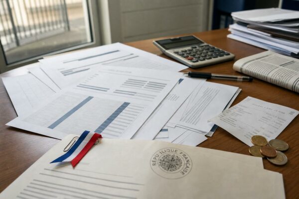 Vue plongeante d’un bureau de finances publiques avec budget, calculatrice, reçus de carburant et documents institutionnels français floutés