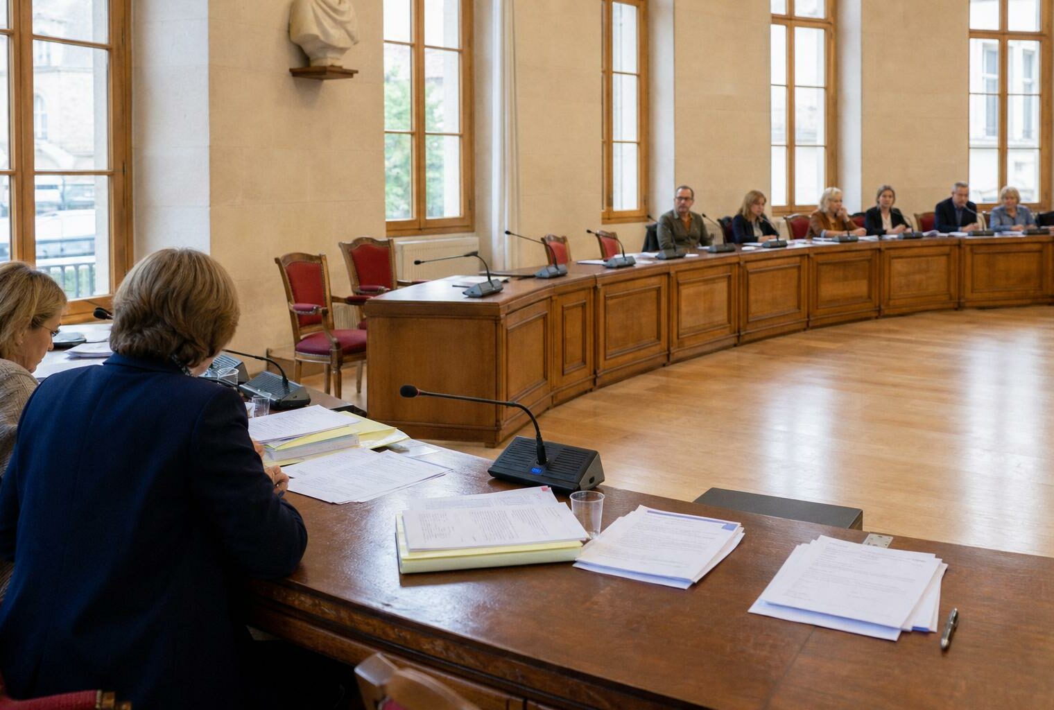 Salle municipale française lumineuse avec micros, dossiers et chaise vide, en scène de conseil local