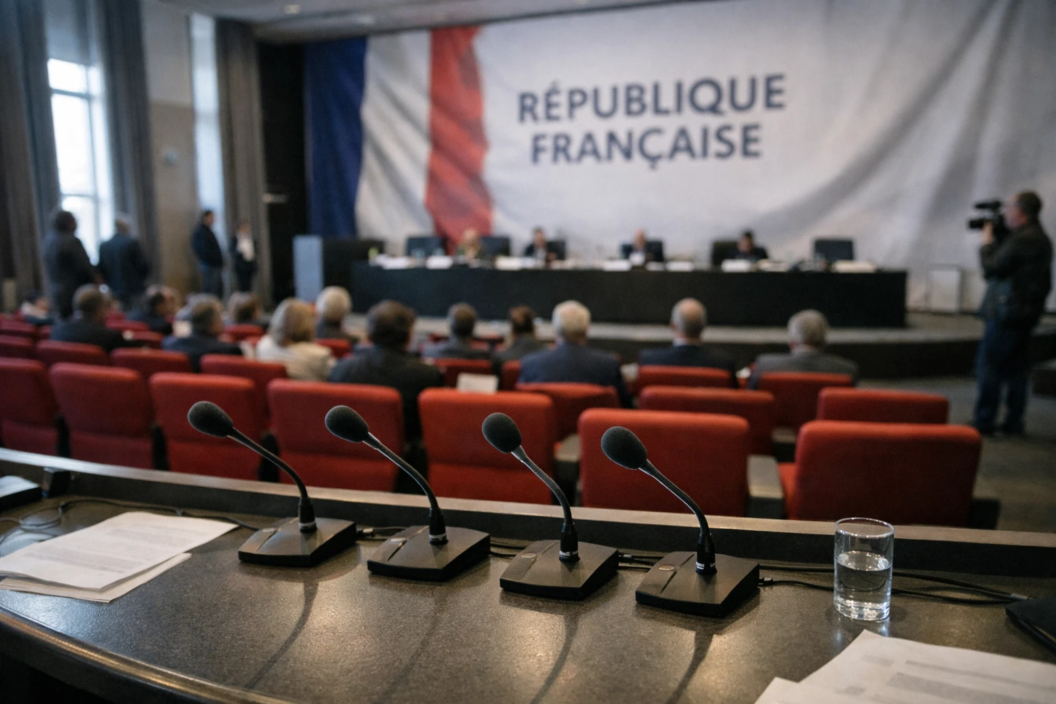 Salle de réunion politique à Reims avec pupitre, micros et sièges rouges, ambiance de conseil national en photojournalisme éditorial.