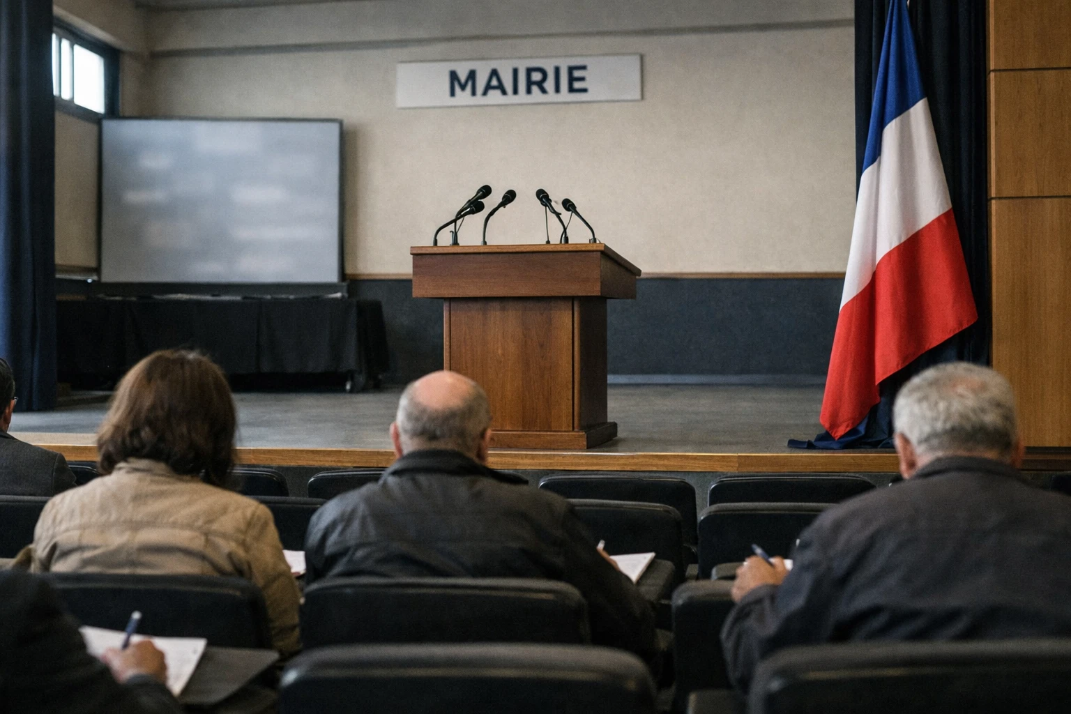 Réunion politique de campagne dans une salle provinciale avec pupitre vide, micros et drapeau tricolore partiel