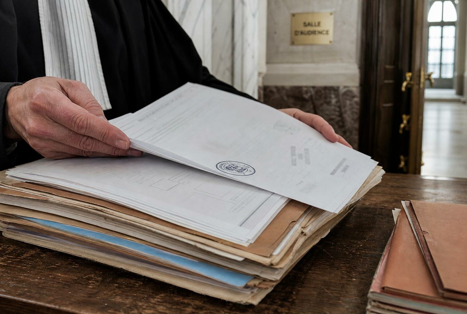 Gros plan éditorial sur un dossier judiciaire dans un tribunal français, avec tampon officiel et marbre flou en arrière-plan.