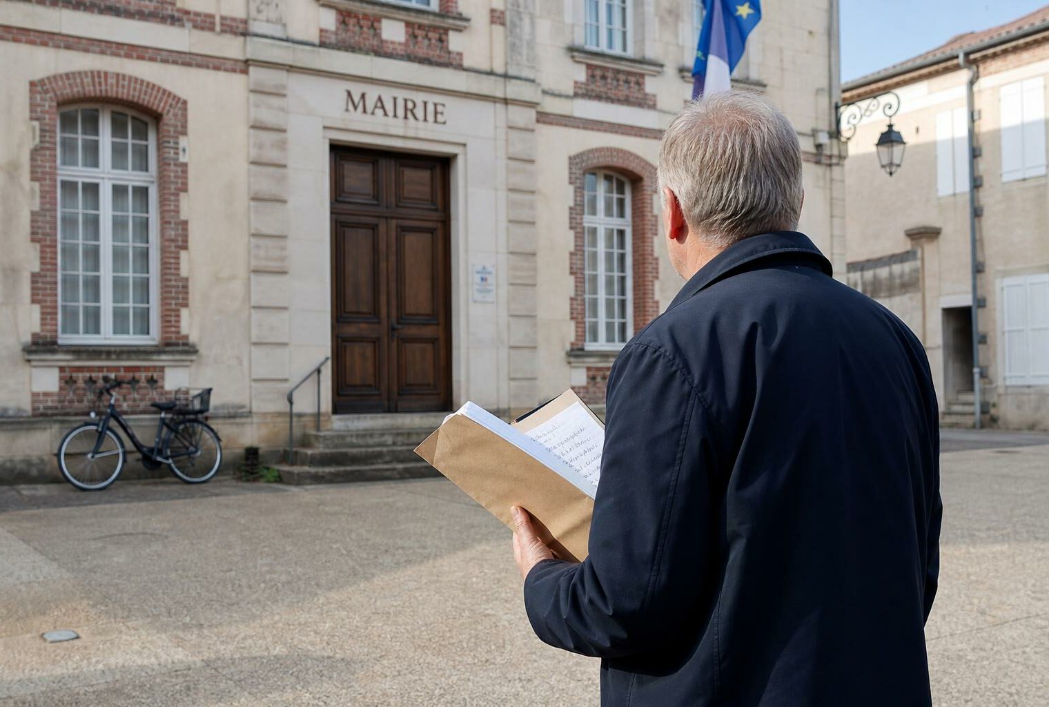 Un élu local anonyme de dos tient un dossier devant une mairie française, dans une lumière naturelle et claire.