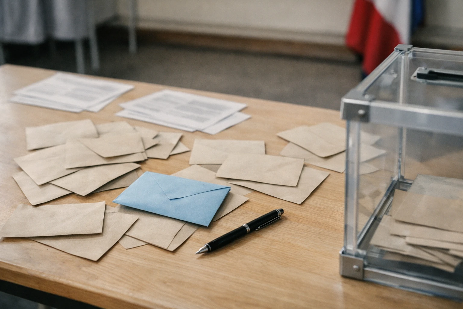 Bureau de vote français vu en plongée avec bulletins, enveloppe bleue et urne transparente, ambiance éditoriale neutre.