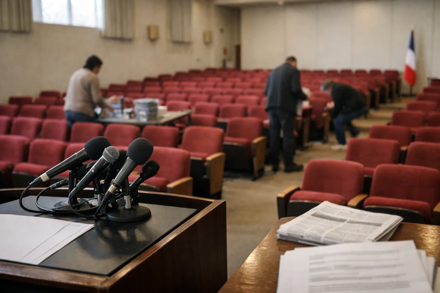 Salle de meeting politique à Reims avec pupitre, micros et sièges rouges, dans une ambiance de presse éditoriale réaliste.