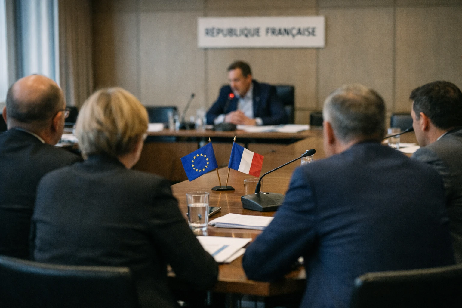 Salle de réunion institutionnelle avec petites drapeaux européen et français, micros de table et silhouettes de dos dans une scène de presse éditoriale.