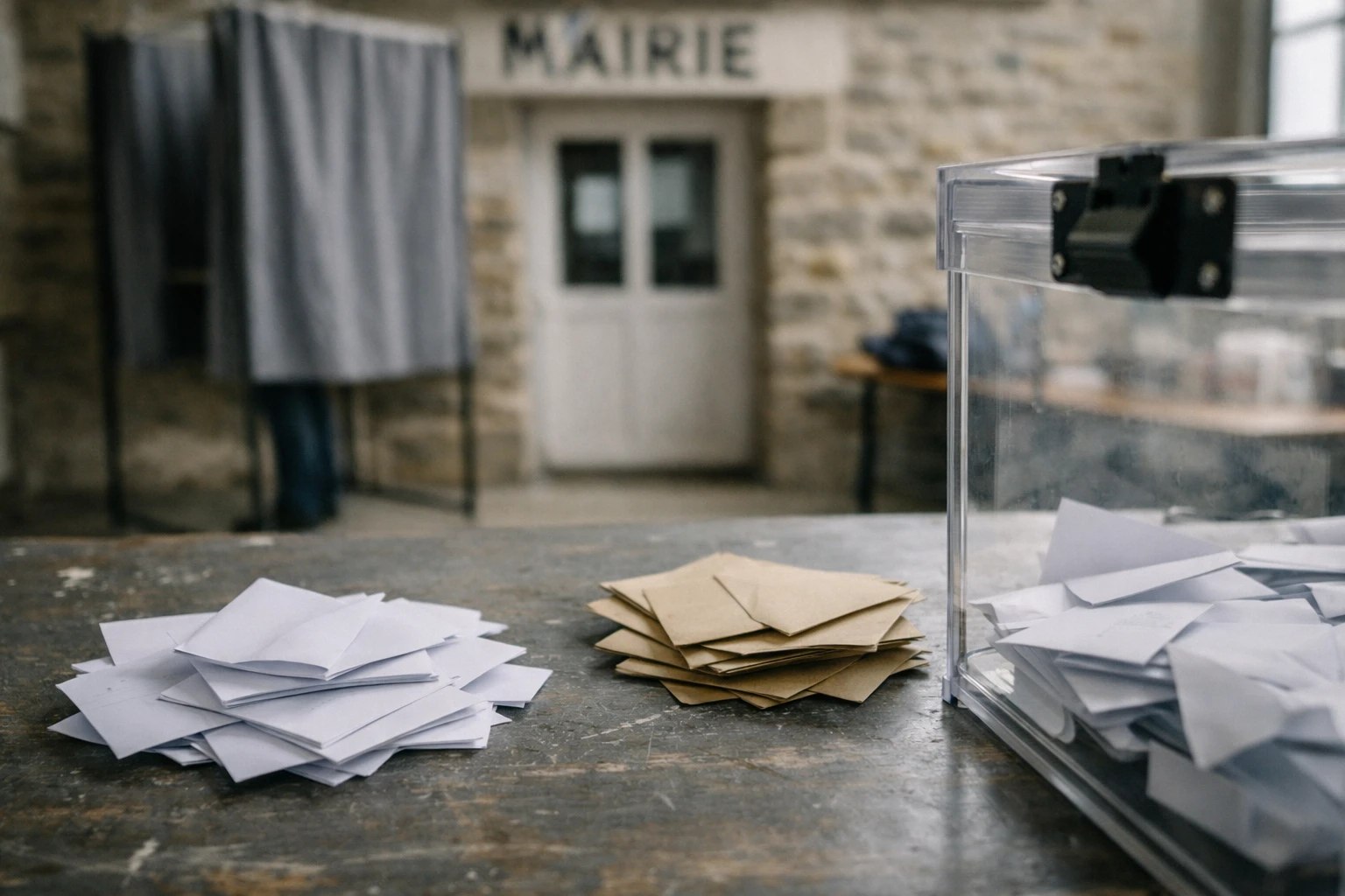 Urne transparente, bulletins de vote et mairie d’une petite commune bretonne pour les municipales à Molène