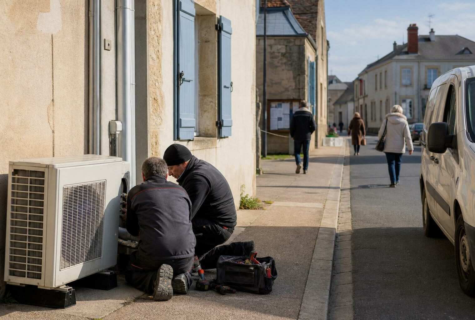 Des techniciens installent une pompe à chaleur dans une rue calme de ville moyenne française.
