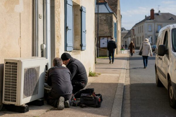 Des techniciens installent une pompe à chaleur dans une rue calme de ville moyenne française.