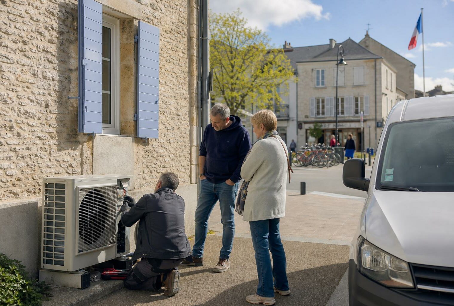 Un technicien vérifie une pompe à chaleur dans une rue de ville française, avec des habitants et une mairie en arrière-plan.