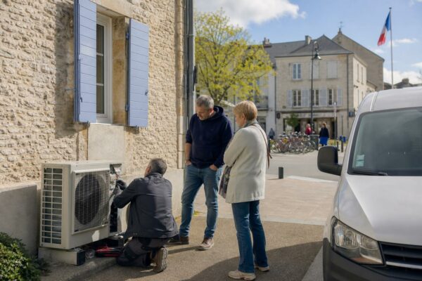 Un technicien vérifie une pompe à chaleur dans une rue de ville française, avec des habitants et une mairie en arrière-plan.