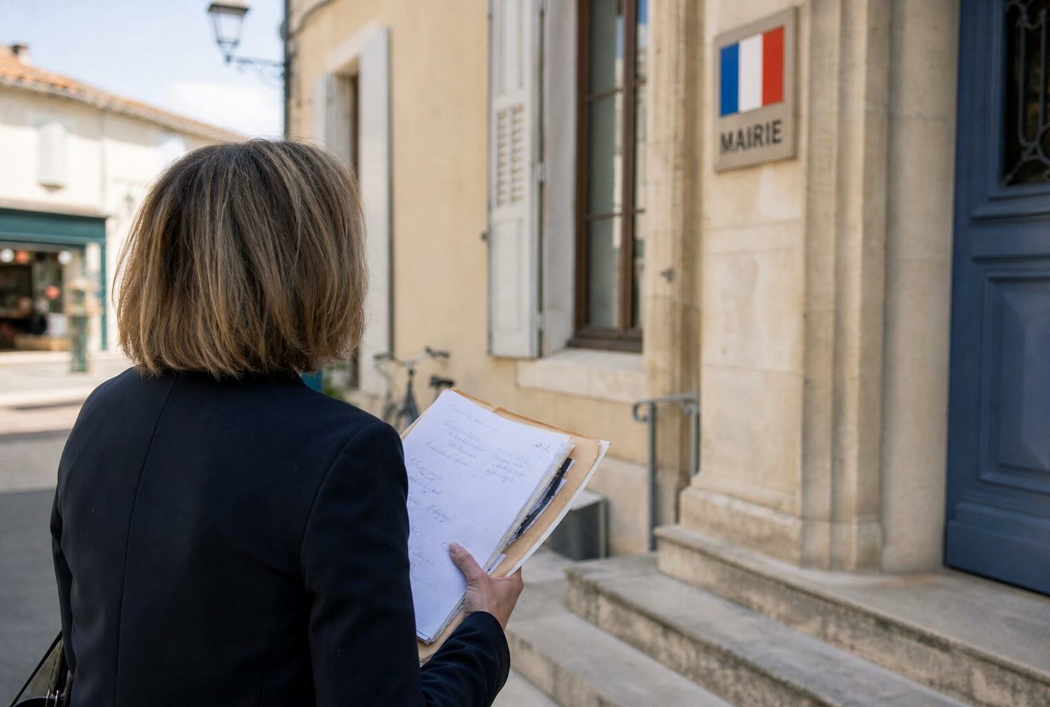 Un élu local de dos consulte un dossier devant la mairie dans une rue française calme