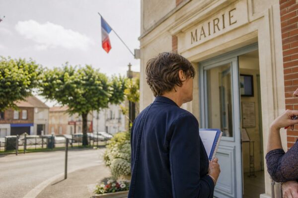 Élu local anonyme devant une mairie, dossier en main, en lien avec la rénovation des écoles face à la canicule.
