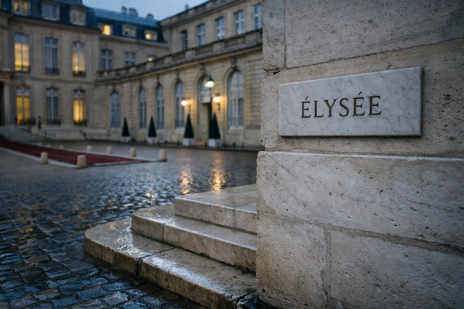 Cour vide de l’Élysée au lever du jour, avec pavés humides et ambiance institutionnelle avant une commémoration du 8 mai.