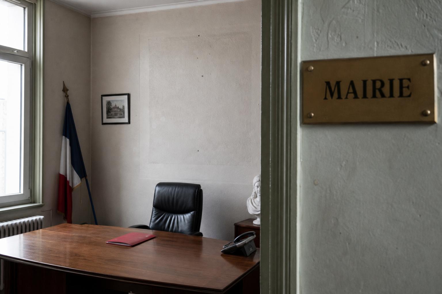 Bureau vide dans une mairie de Saint-Denis, avec plaque MAIRIE et emplacement laissé vide pour un portrait officiel.