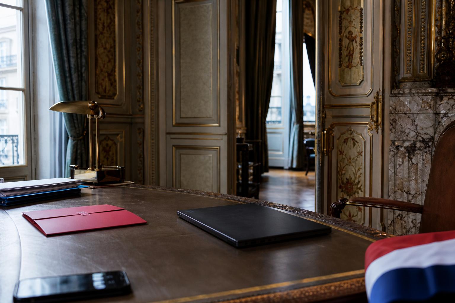 Bureau présidentiel vide avec dossier rouge fermé et drapeau tricolore partiel, dans un style photojournalistique éditorial.