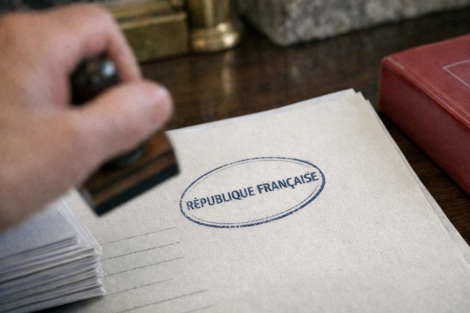 Dossier officiel et tampon sur un bureau institutionnel français, illustrant une enquête sur les fonds européens du RN.