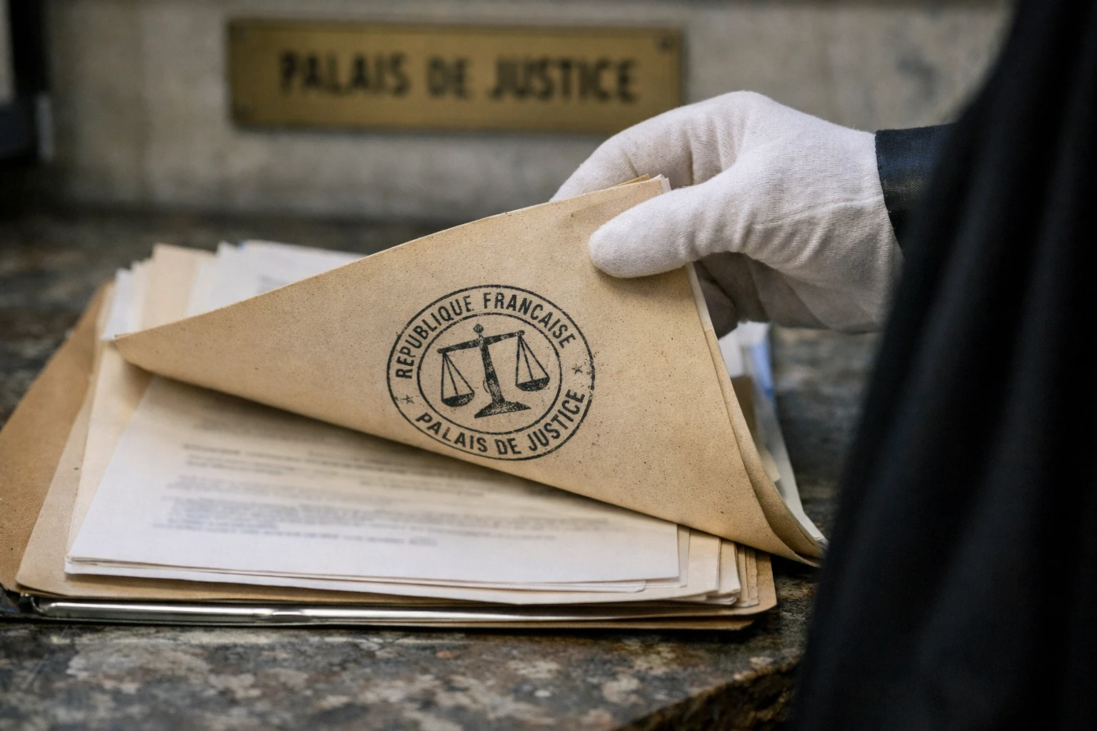 Gros plan photojournalistique sur un dossier judiciaire dans un palais de justice français, avec tampon officiel et texte institutionnel flou.