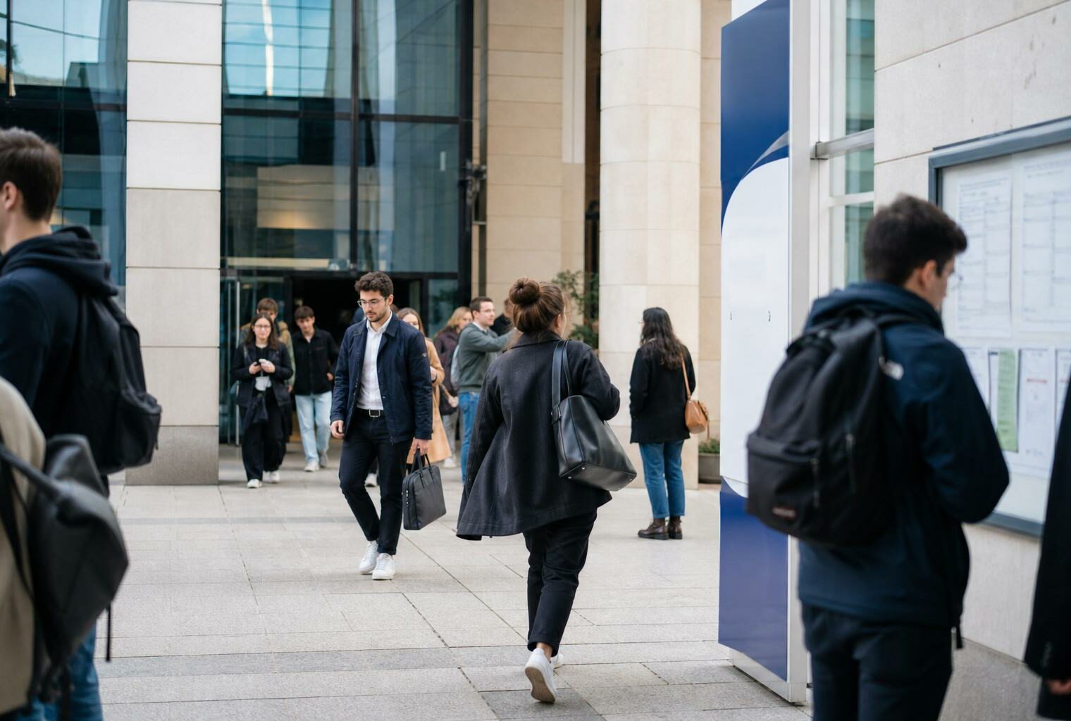 Des étudiants anonymes traversent l’entrée lumineuse d’un campus parisien de grande école, en scène de vie quotidienne.