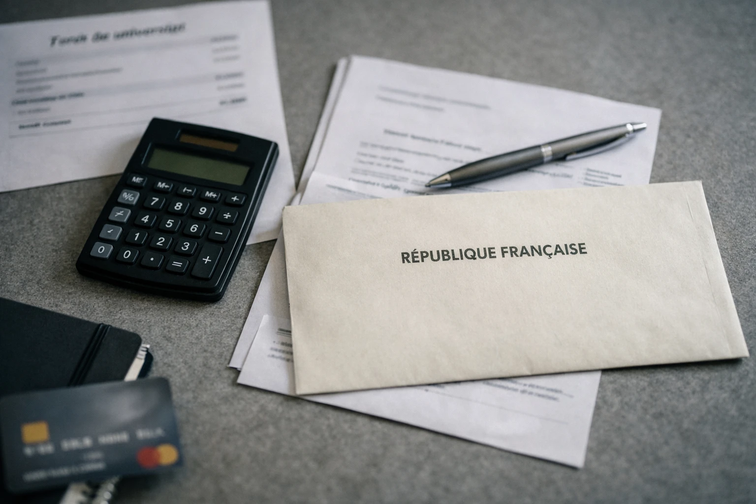Vue de dessus d’un bureau administratif avec documents universitaires, calculatrice et enveloppe officielle française liée à la hausse des droits d’inscription.