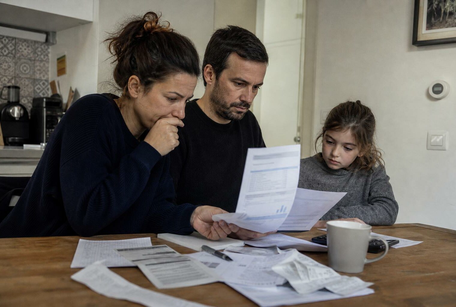 Une famille française consulte ses factures et son budget à la table de la cuisine, dans une ambiance lumineuse du matin.