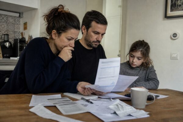 Une famille française consulte ses factures et son budget à la table de la cuisine, dans une ambiance lumineuse du matin.