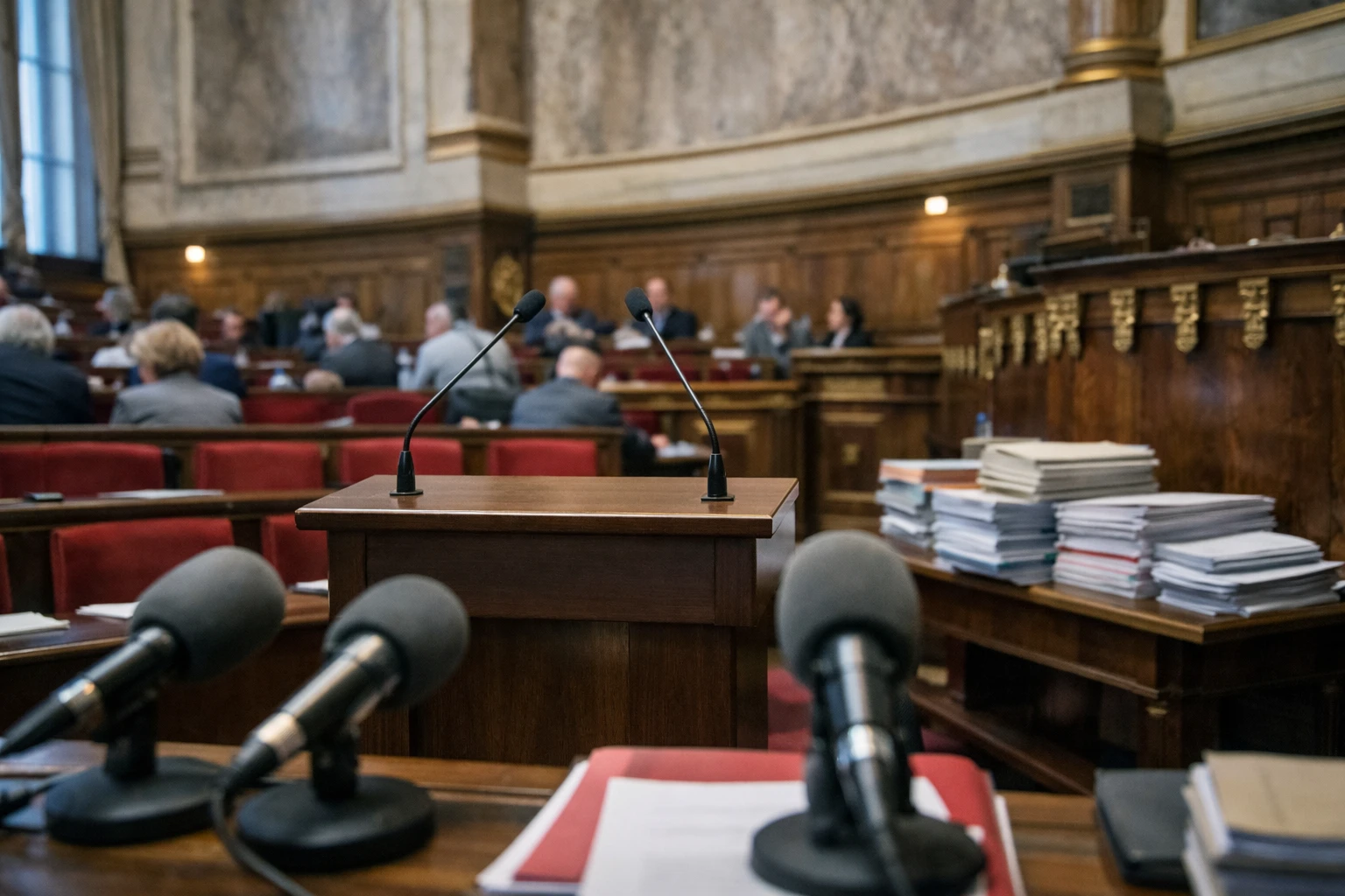 Salle parlementaire française avec micros et pupitre vide pendant l’examen de la loi sur la fin de vie