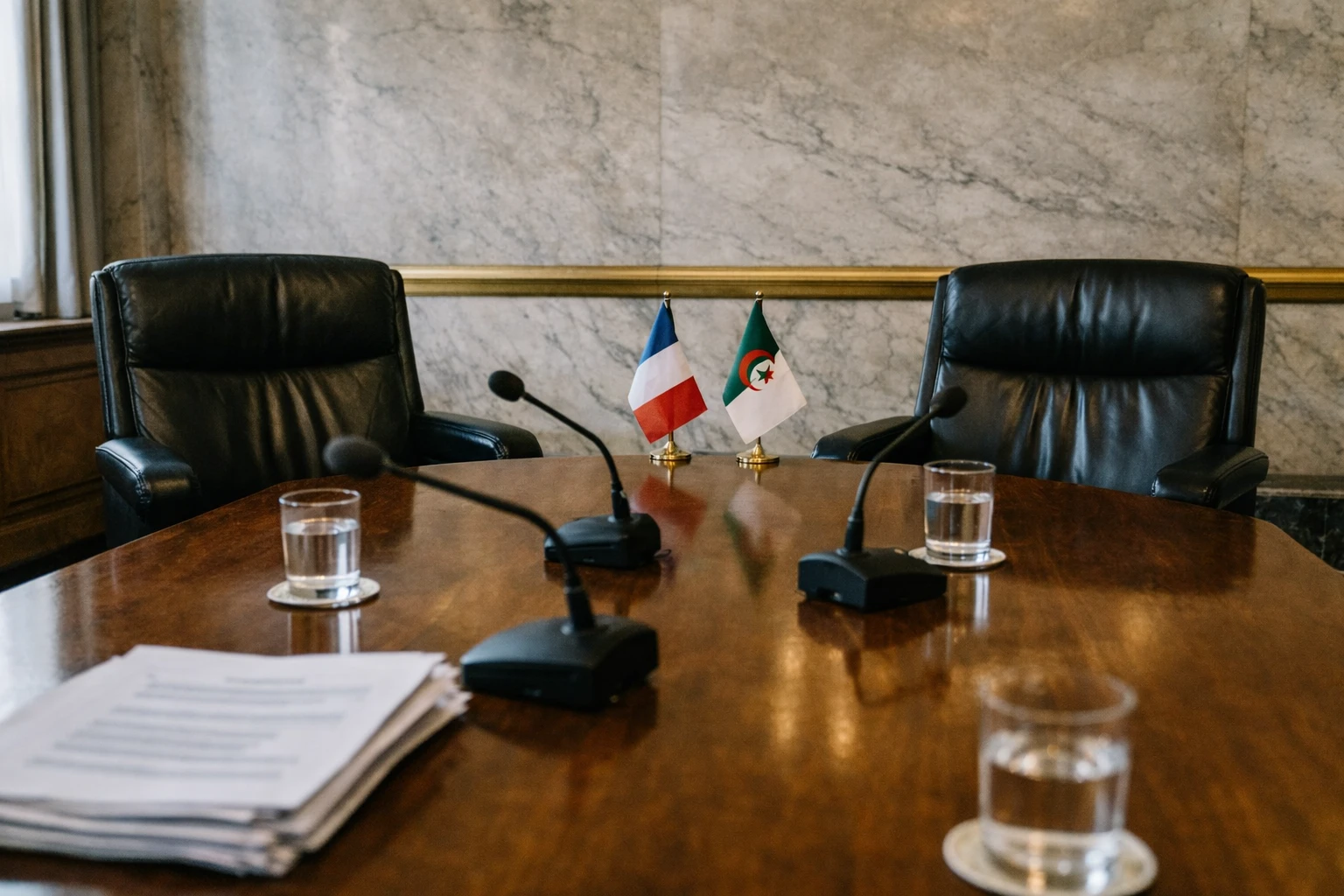 Salle diplomatique ministérielle avec drapeaux français et algérien, micros et documents flous