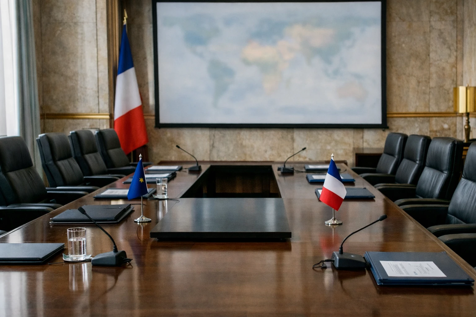 Salle de négociation diplomatique vide au Quai d’Orsay avec drapeaux institutionnels et dossiers fermés