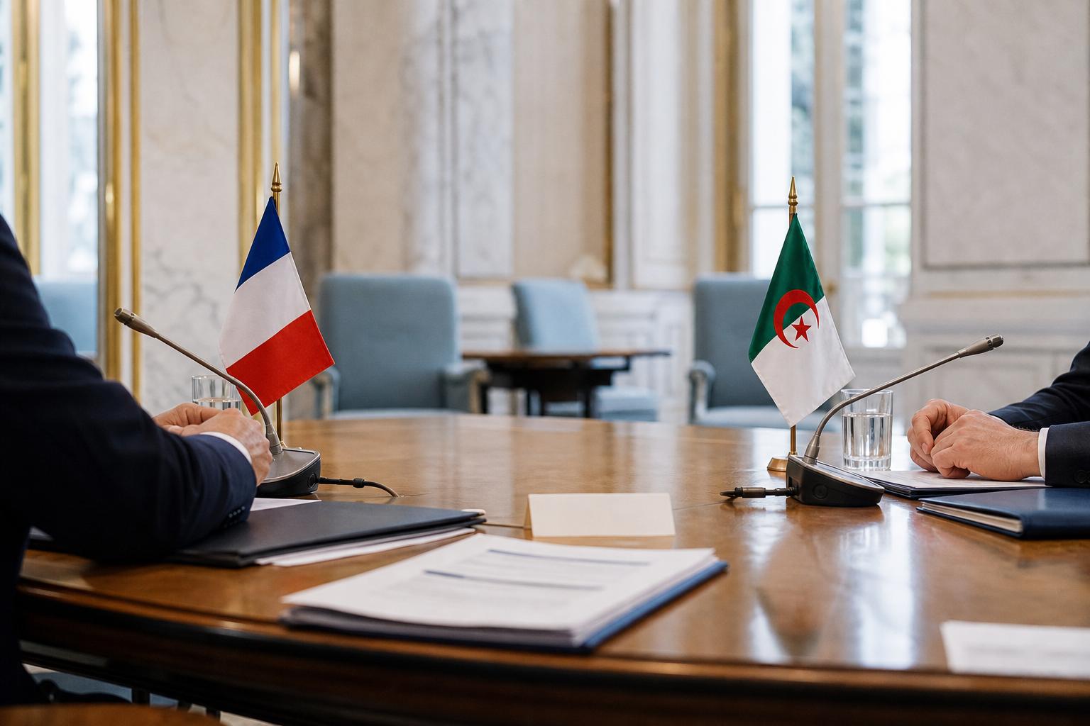 Réunion diplomatique franco-algérienne dans une salle institutionnelle avec deux officiels anonymes et des drapeaux miniatures