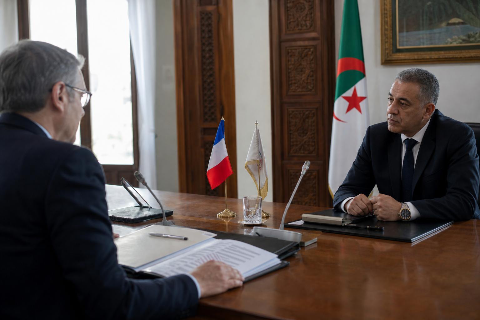 Réunion diplomatique bilatérale autour de la coopération judiciaire entre la France et l’Algérie, avec deux responsables anonymes en discussion dans une salle institutionnelle.