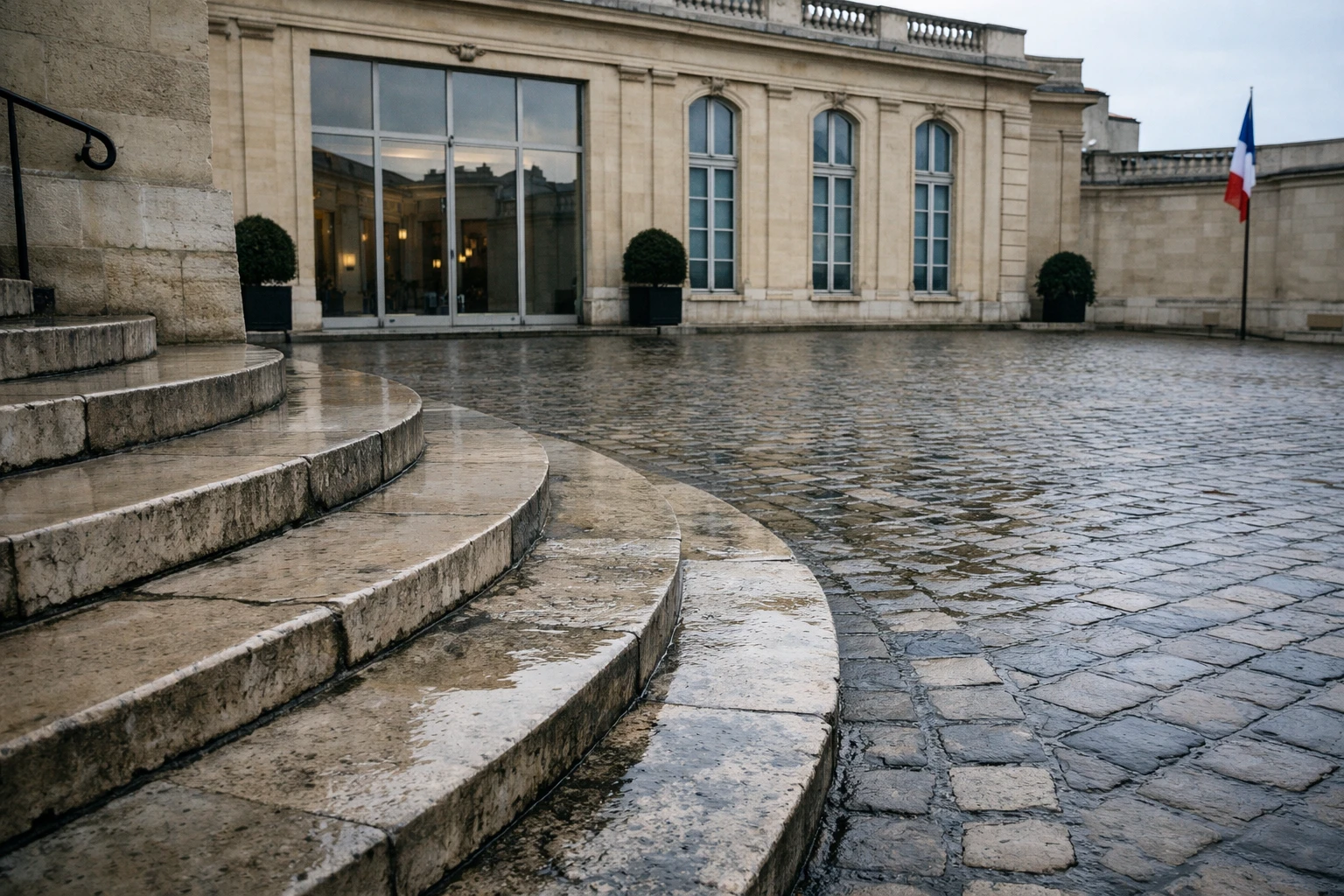 Cour de l’Élysée vide avec drapeau tricolore au loin, dans une scène photojournalistique sur la diplomatie française face à la guerre en Iran.