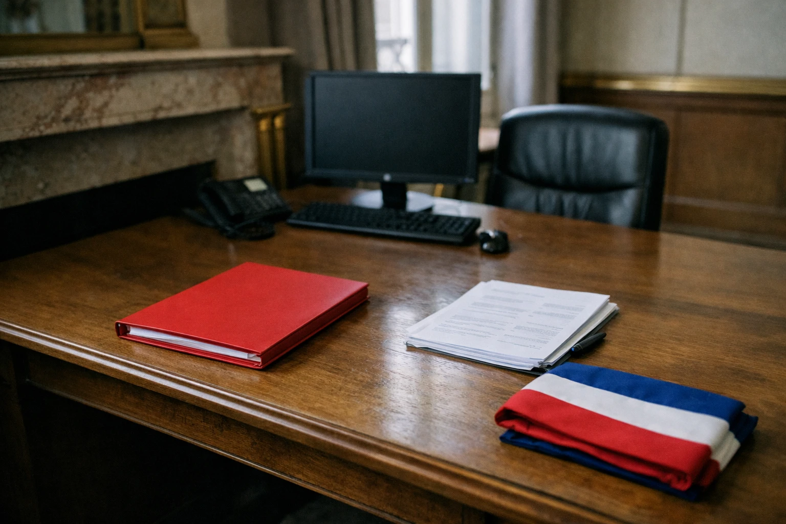 Bureau institutionnel français vide avec dossier fermé et écharpe tricolore pliée, évoquant la possible candidature de François Hollande