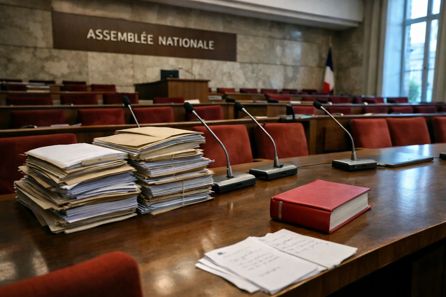Salle de commission de l’Assemblée nationale avec micros, dossiers et sièges rouges après l’adoption d’une loi contre la fraude sociale.