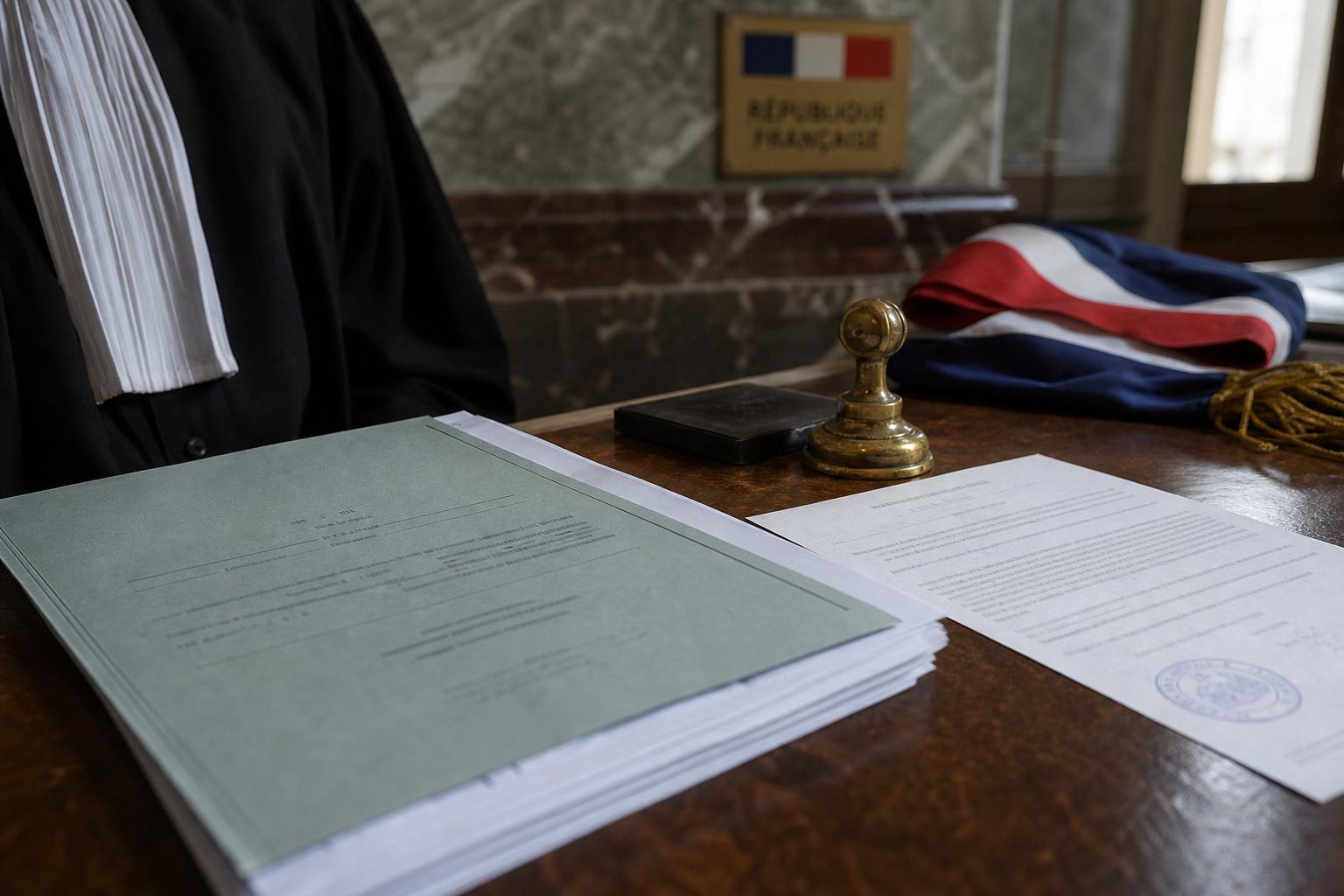 Close-up d’un dossier d’état civil et d’un cachet officiel dans un tribunal français, avec robe de magistrat et marbre en arrière-plan.