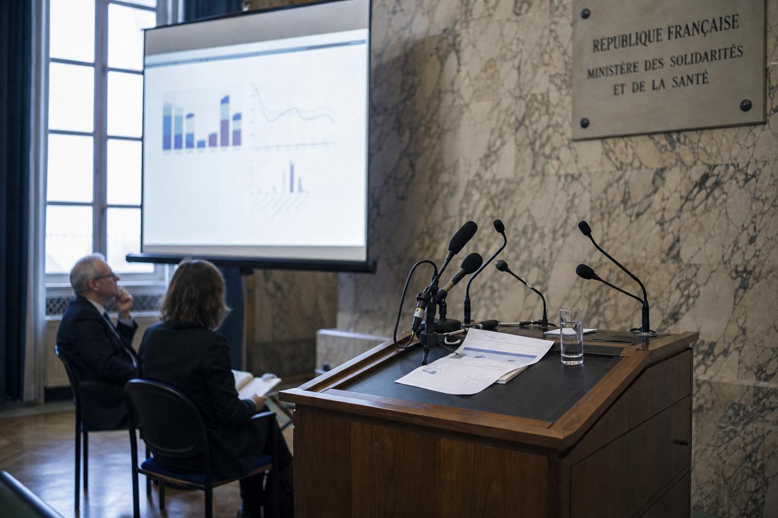 Press room at the French Health Ministry with an empty podium, microphones and scientific advisors during a health briefing.